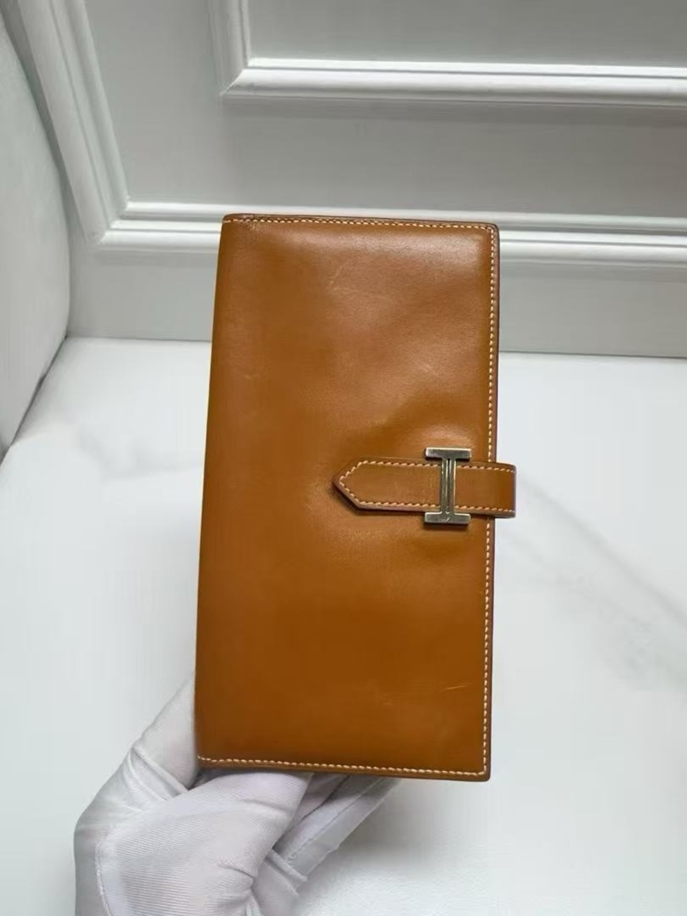 100% Auth HERMES Bearn Leather Wallet Long w/ palladium hardware